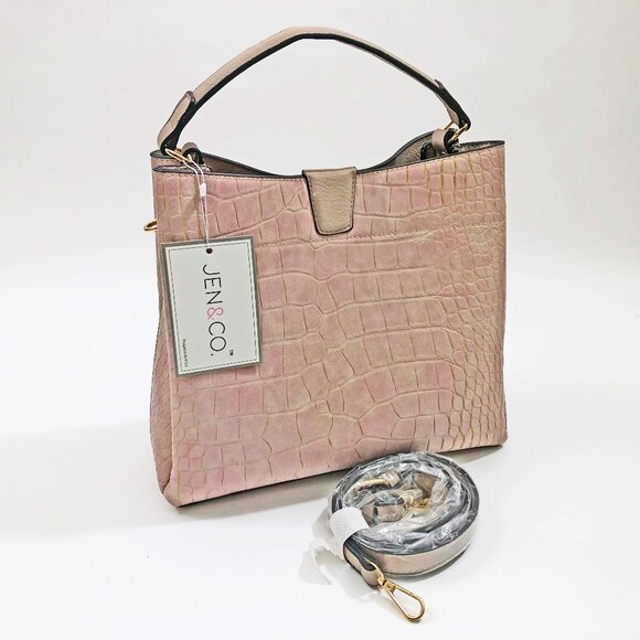Jen & Co Tati Satchel Bag Beige Crocodile Vegan Leather Shoulder Cross Body Bag - Picture 1 of 7